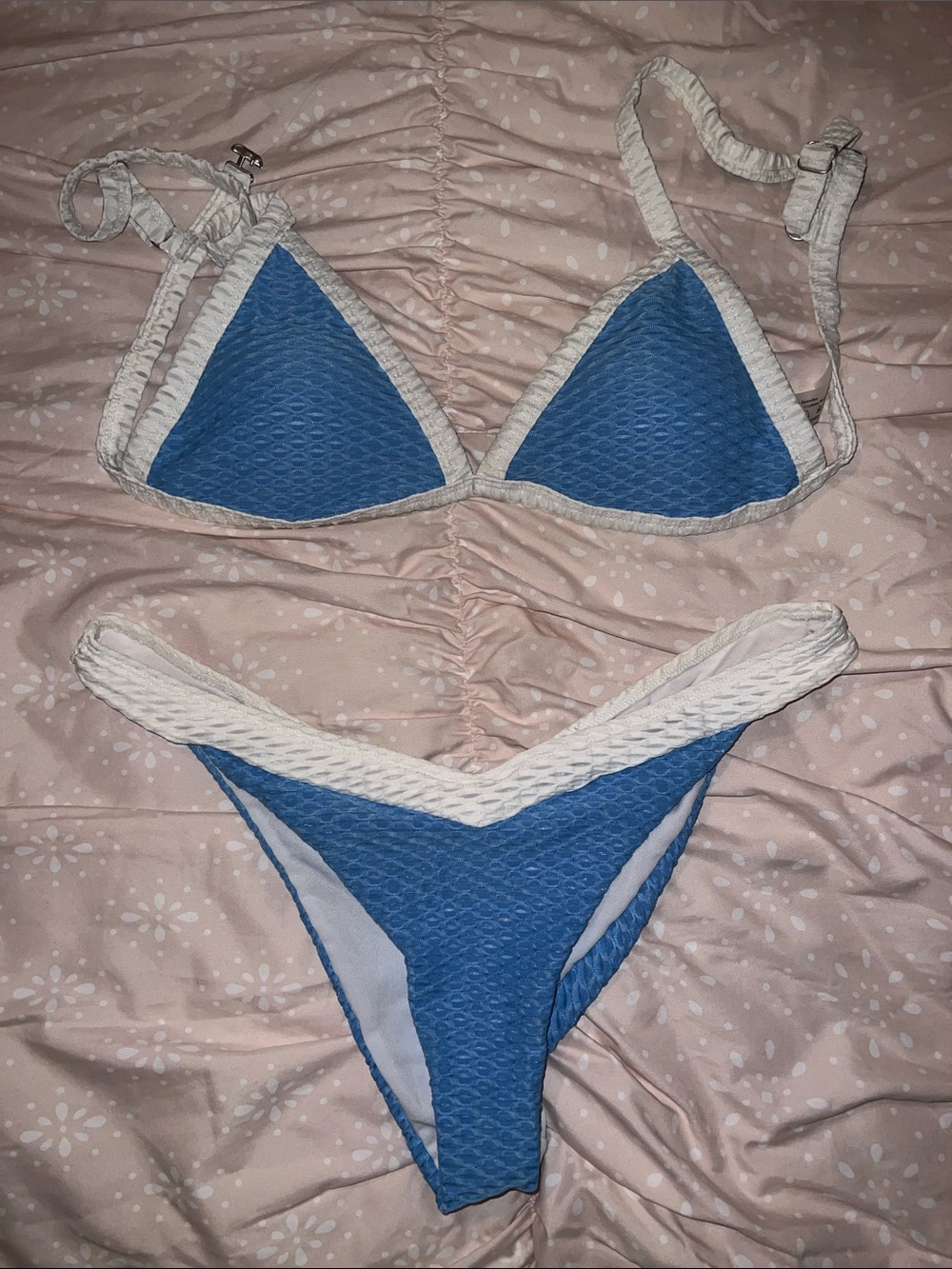 Blue Textured Triangle Bikini with White Trim